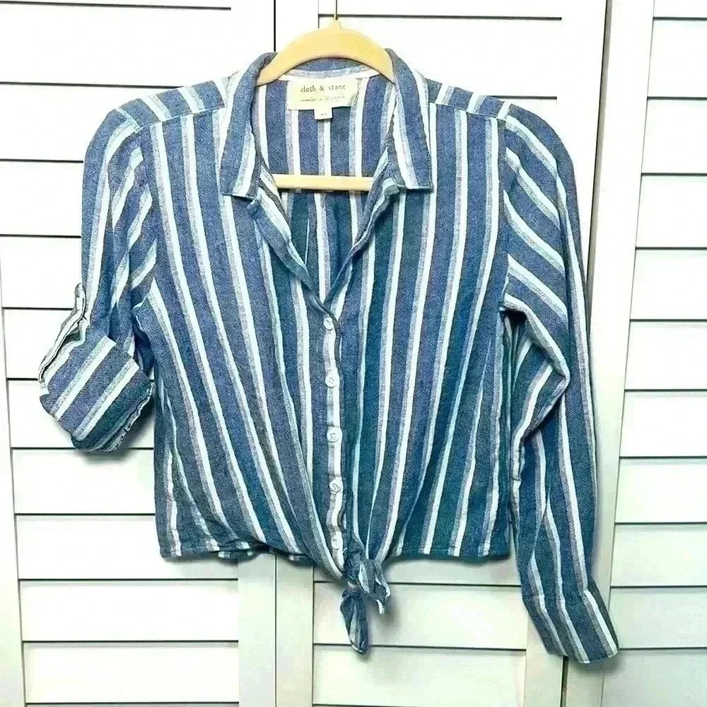 Anthropologie Cloth & Stone Linen Blend Striped Button Up Crop Top Size XS